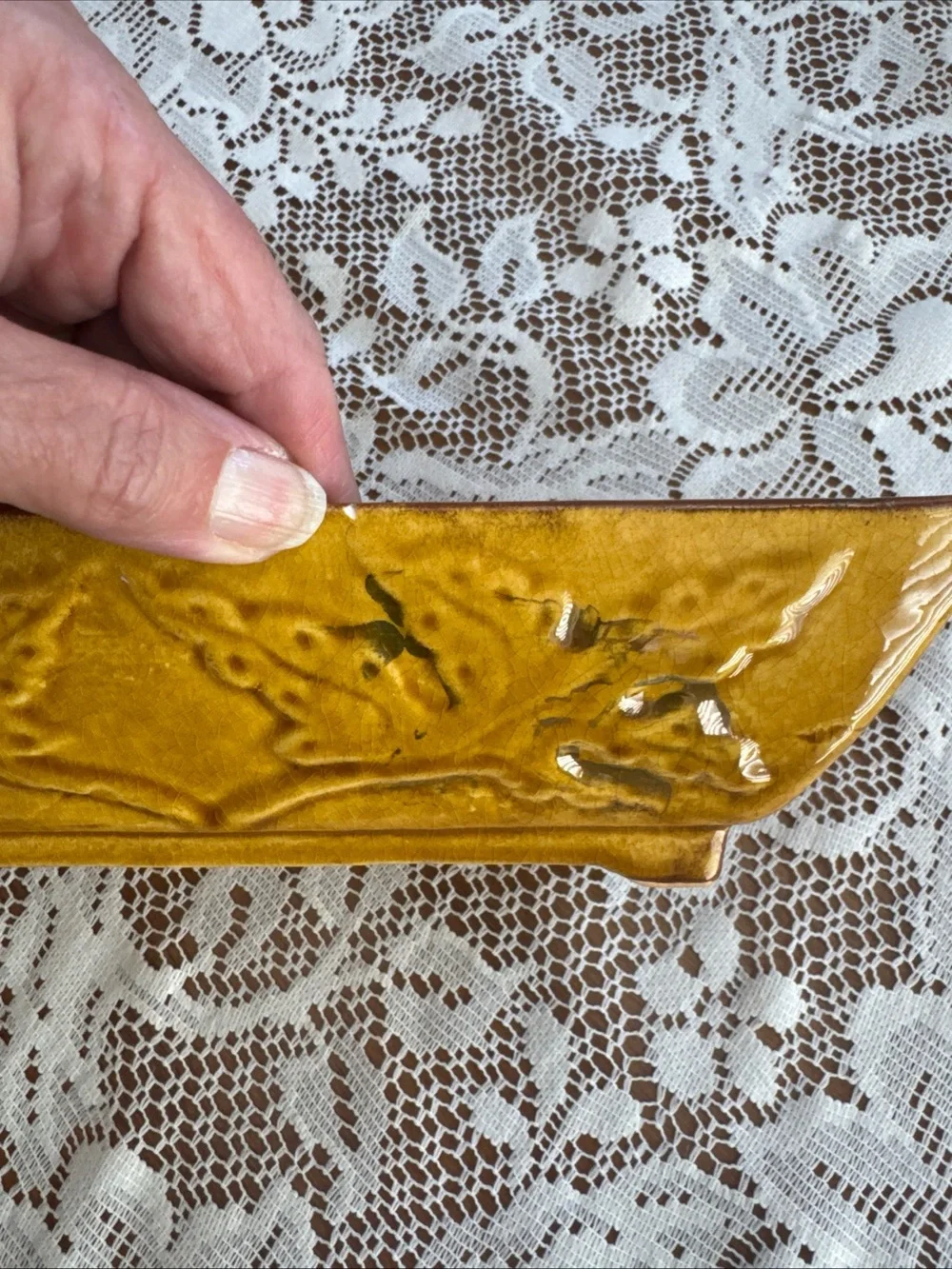 Vintage 103 USA Pottery Planter Mustard Yellow Footed MCM Raised Foliage 9.5”